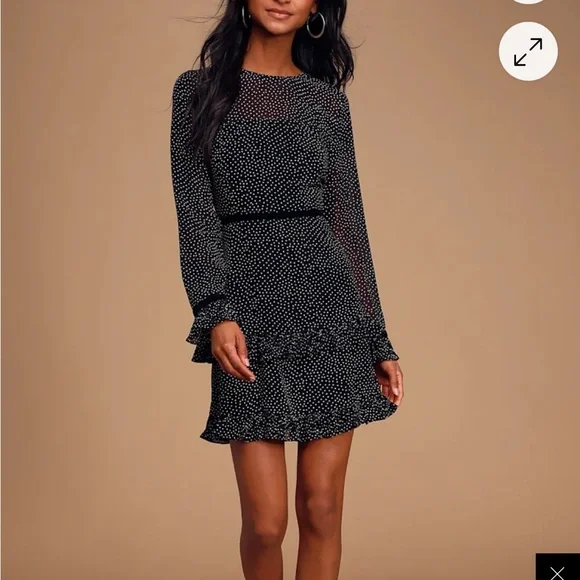 NWT Lulus Floral To See Black Polka Dot Long Sleeve Mini Dress - Size Small - Picture 2 of 5